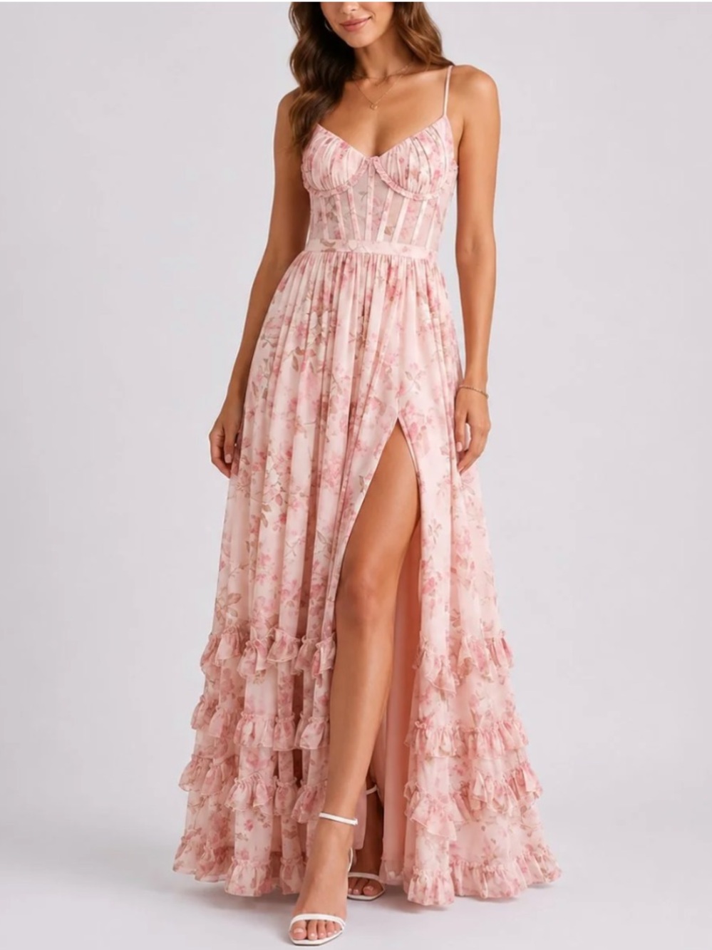 Floral Corset Maxi Dress with Tiered Ruffle Hem size 8